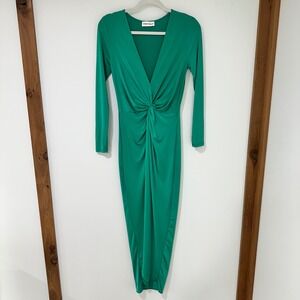 Cherry Mellow Maxi Dress Twist Front V-Neck Green Long Sleeve Stretch Bodycon L